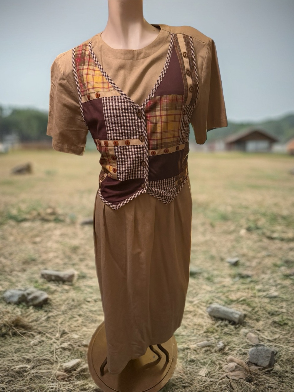 Country Wear Clothing Co. Vintage Brown Patchwork Vest Dress (1990s)